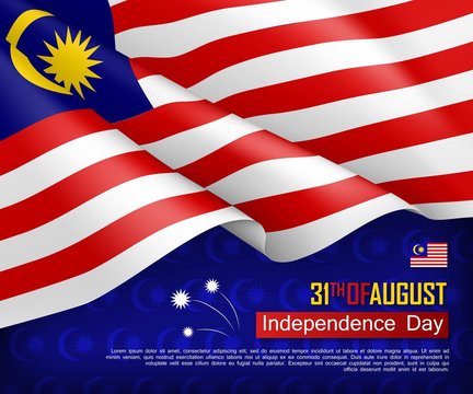 Festive illustration of Independence day of Malaysia. National traditional holiday celebrated on August 31. Background with realistic waving malaysian flag. Malaysian patriotic vector greeting card