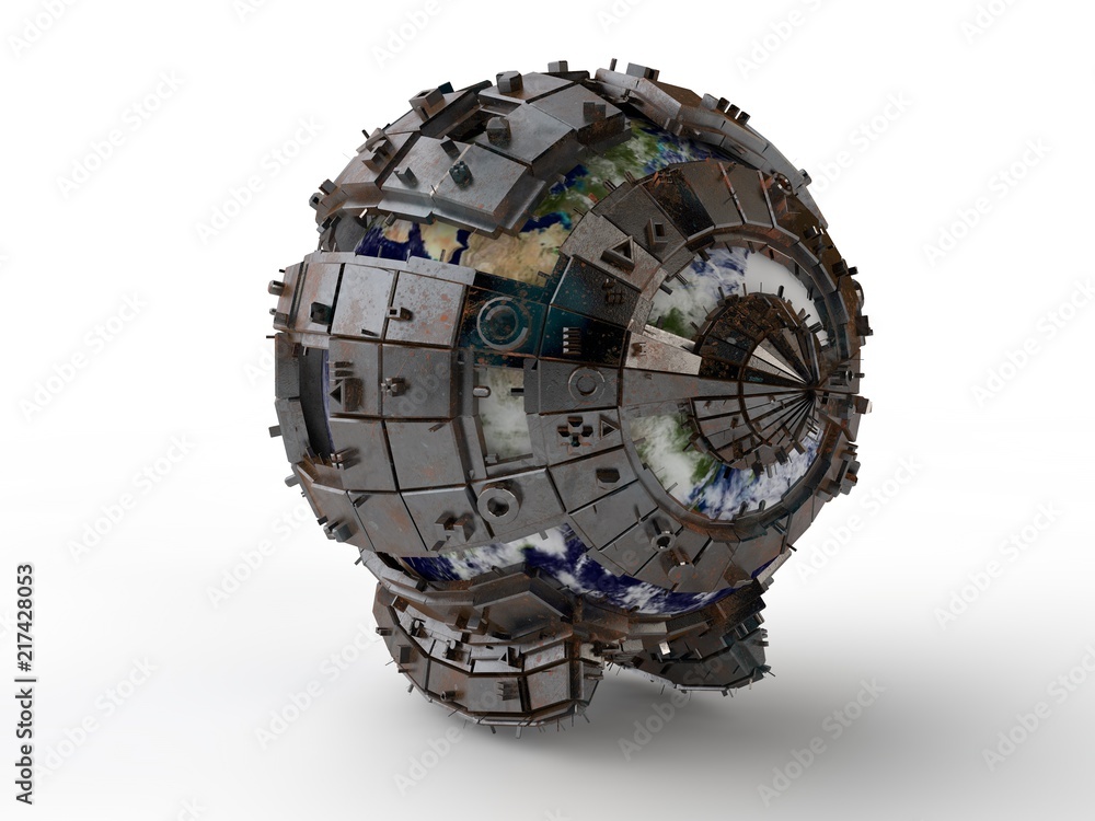 Poster the futuristic image of the planet earth in steel shell space of the city. the idea of space flight 