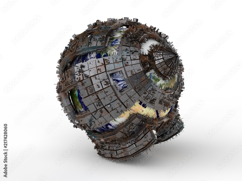 Poster the futuristic image of the planet earth in steel shell space of the city. the idea of space flight 
