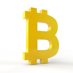 Golden symbol of bitcoin, the cryptocurrency. Bitcoin on white background, isolated. 3D rendering.