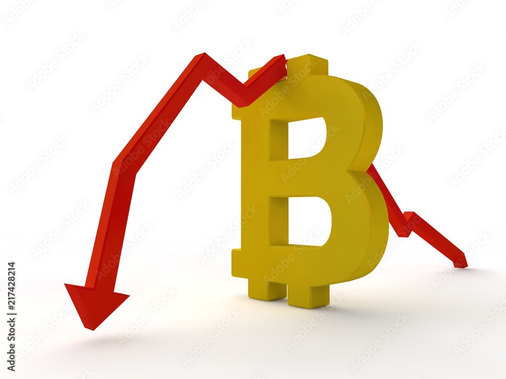 Poster the image of the golden symbol of bitcoin and the red arrow showing the drop in the exchange rate of