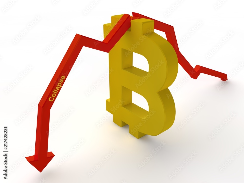 Poster the image of the golden symbol of bitcoin and the red arrow showing the drop in the exchange rate of