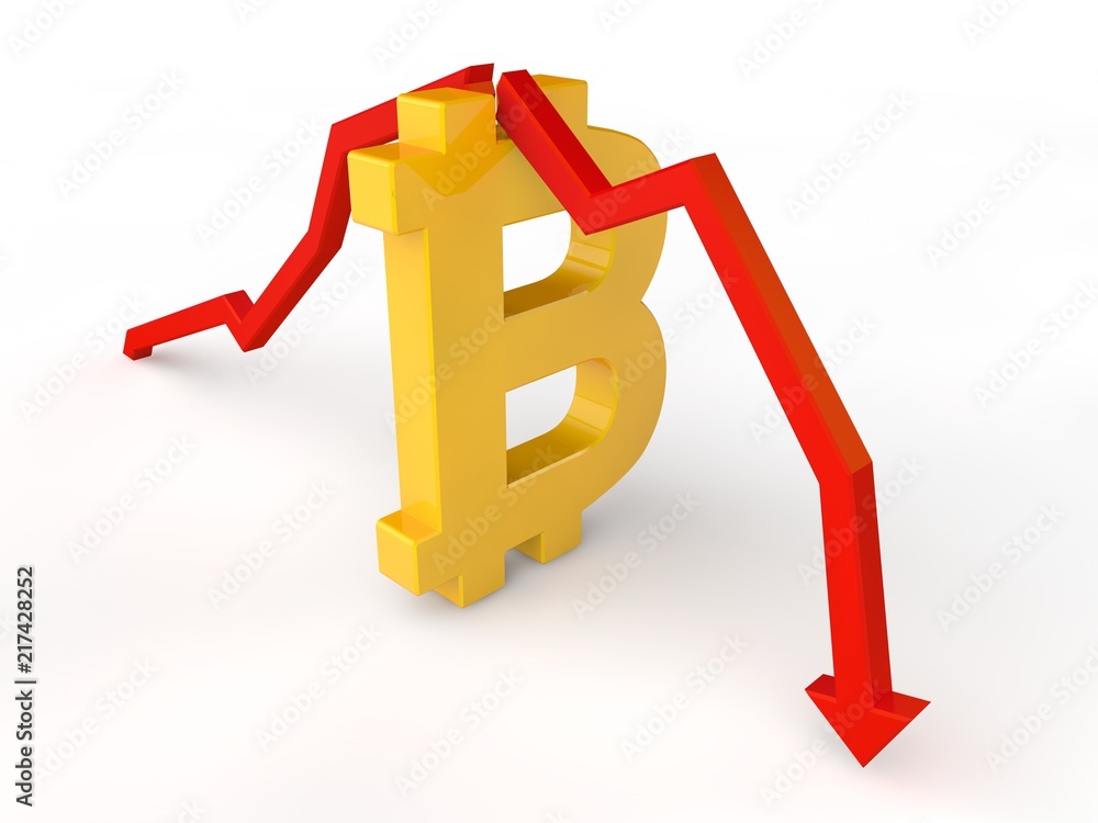 Poster the image of the golden symbol of bitcoin and the red arrow showing the drop in the exchange rate of