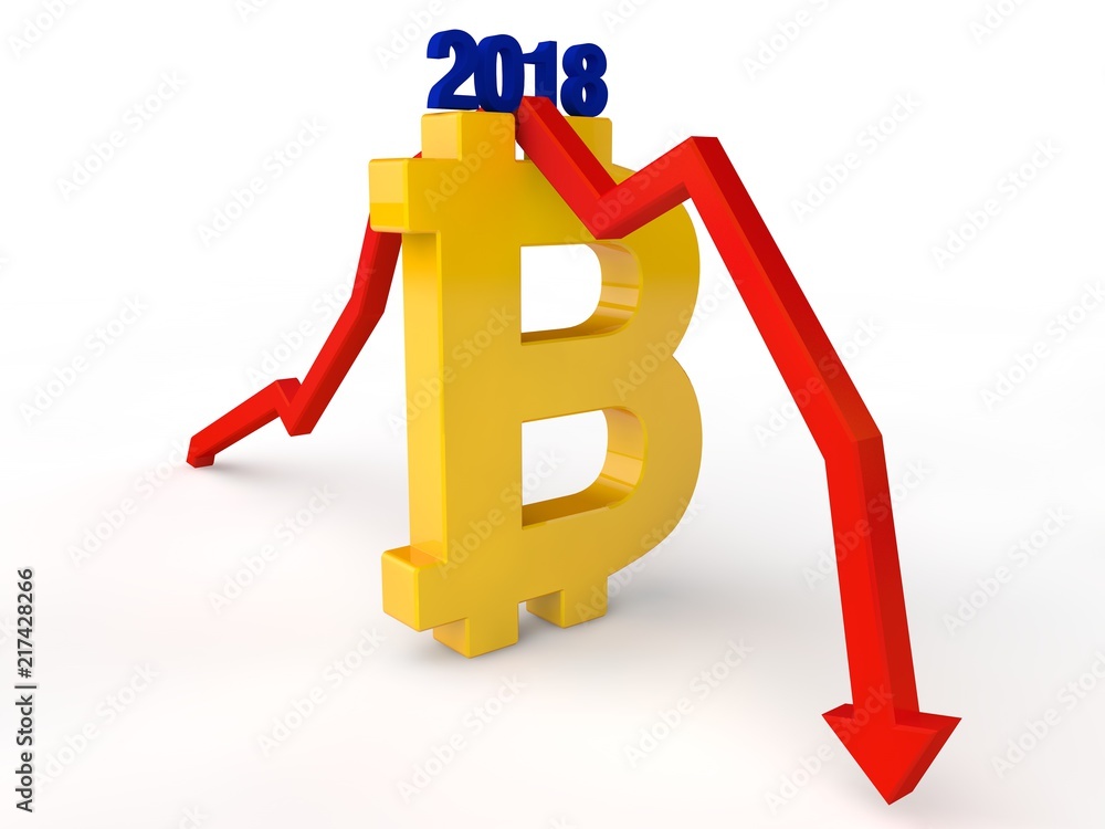 Poster the image of the golden symbol of bitcoin and the red arrow shows the drop in bitcoin exchange rate 