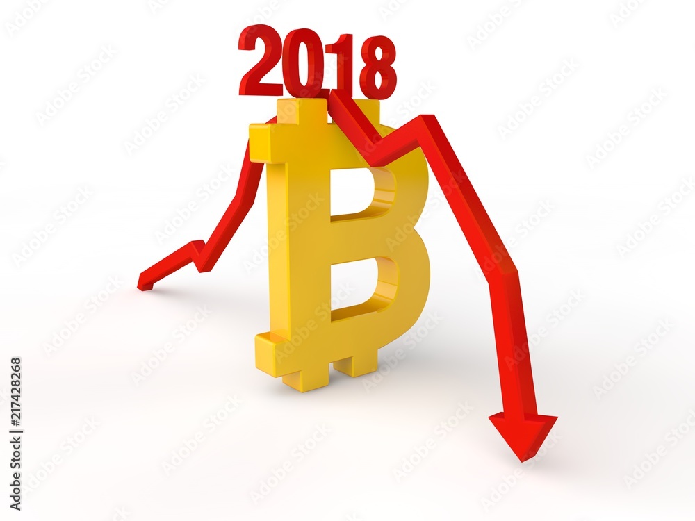Poster the image of the golden symbol of bitcoin and the red arrow shows the drop in bitcoin exchange rate 