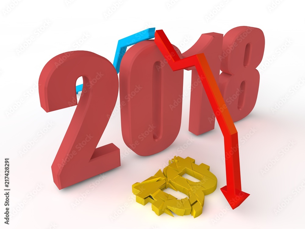 Poster the image of 2018 and the fall of the bitcoin cryptocurrency, the arrow shows the turning point. gol