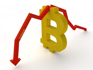 The image of the Golden symbol of bitcoin and the red arrow showing the drop in the exchange rate of bitcoin. The idea of the collapse of the cryptocurrency. 3D rendering