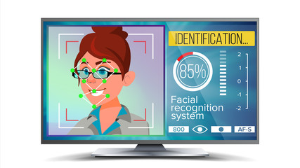 Face Recognition, Identification System Vector. Face Recognition Technology. Woman Face On Screen. Human Face With Polygons And Points. Scanning Security Illustration