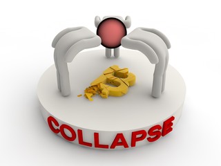 Image of four men stage, leaning over the broken Golden symbol of bitcoin, cryptocurrency United one head. The idea of a cryptocurrency collapse, crisis, problems and its solutions. 3D rendering