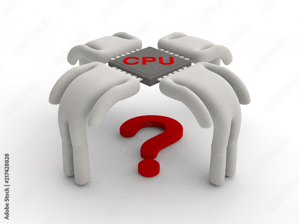 Poster image of group of men leaning on a red question mark connected to a processor. the idea of collabora