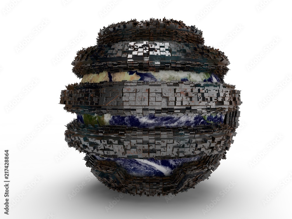 Poster the futuristic image of the planet earth in steel shell space of the city. the idea of space flight 