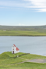 Ulflotsvatnkirkja in Iceland in summer
