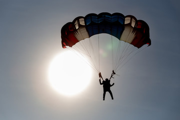 silhouette isolated skydiver gliding after free fall jump with sun background and copy space