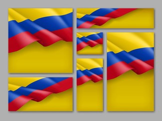 Colombian patriotic festive banners set. Realistic waving colombian tricolor on yellow background. Independence, democracy and freedom vector layouts. Colombia republic day concept with space for text