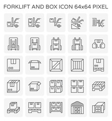 Forklift vector icon. May called fork or lift truck. Include stack of wood crate, cardboard box on pallet for industry i.e. storage, distribution warehouse. Also freight transport, logistic, shipping.