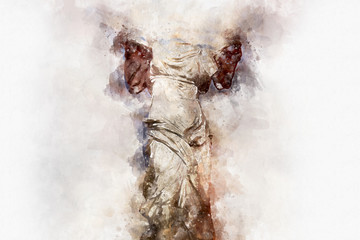 Watercolor, The Winged Victory of Samothrace. Victory of Samotracia Ancient Art