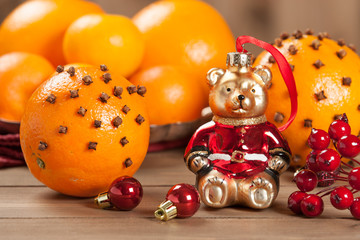 Pomander Oranges With Clove And Spices. Christmas Tree Bear Toy.