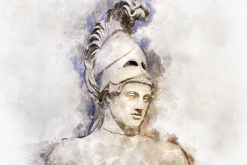 Watercolor, Statue of ancient Athens statesman Pericles. Head in helmet Greek ancient sculpture of warrior. © Outsiderzone