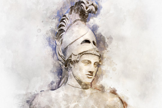 Watercolor, Statue of ancient Athens statesman Pericles. Head in helmet Greek ancient sculpture of warrior.