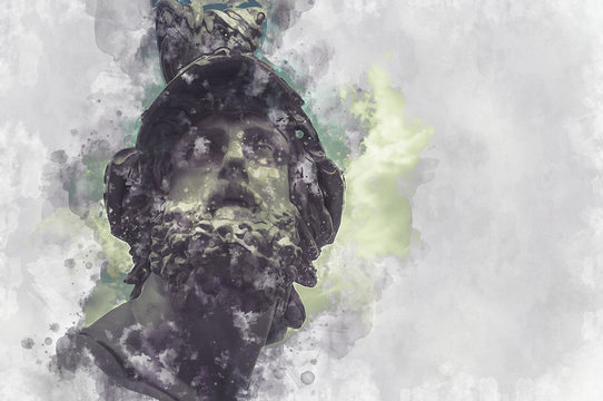 Watercolor, Pericles, classical Greek sculptures over clouds background