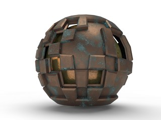 3D city of the future. Ball old metal with a bronze core, the idea of the future encased in metal. Abstraction, futurism. The image on a white background. 3D rendering