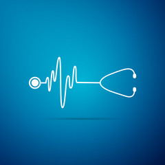 Stethoscope with a heart beat icon isolated on blue background. Medical concept. Pulse care symbol. Flat design. Vector Illustration