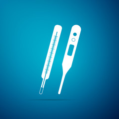 Classic Medical thermometer and digital thermometer for medical examination icon isolated on blue background. Flat design. Vector Illustration