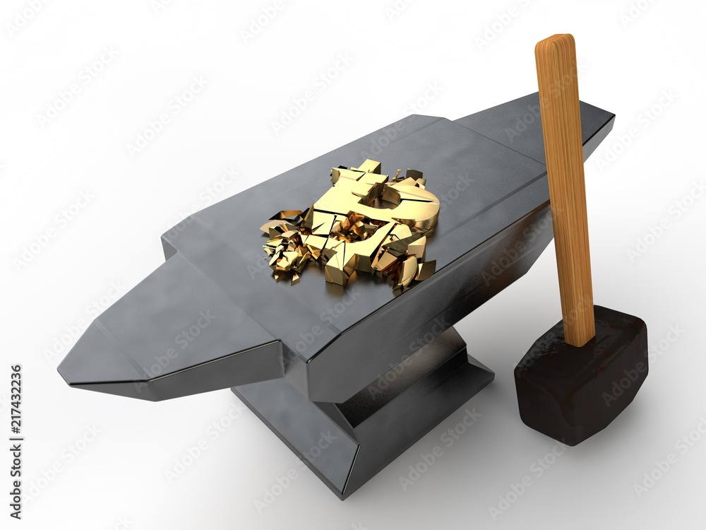 Poster golden symbol of bitcoin smashed with a sledgehammer on the anvil, into many pieces. the idea of col