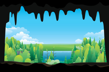 Fototapeta premium Scenery of waterfall view from inside the cave. Vector nature background