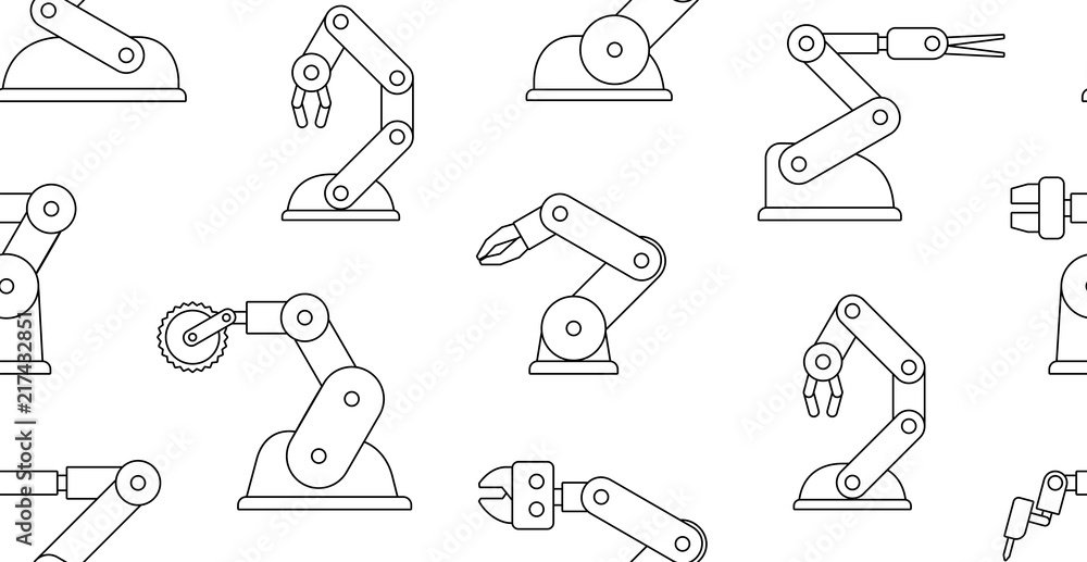 Poster seamless pattern with robotic arms. line style. isolated on white background
