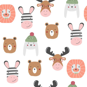 Funny animals faces seamless pattern. Vector hand drawn illustration.