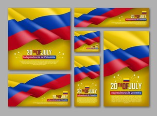 Colombian Independence day celebration posters set. 20th of July felicitation greeting vector illustration. Realistic backgrounds with colombian flag. Colombia republic national traditional holiday