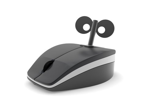 3D image of a computer mouse with a clockwork spring mechanism and crown, isolated on white background. Modern design, quality idea. 3D rendering