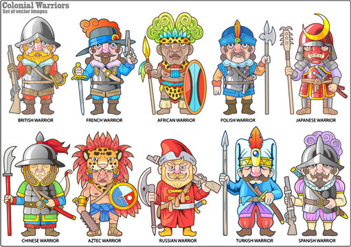 cartoon warriors of the colonial era, set of vector images