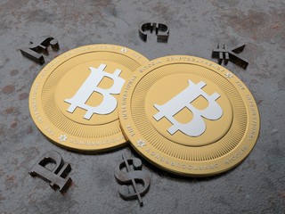 Image of two gold coins, bitcoins, cryptocurrency on two rusty old metal. Currency symbols countries of metal. The idea of development of bitcoin, the international money. 3D rendering