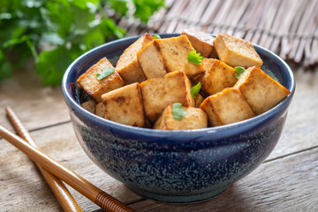 Fried tofu in bowl, Vegetarian food