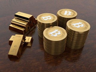 the image of the coins virtual international bitcoin cryptocurrency. Coins bitcoin gold. Next to gold bars 3D render. The idea of the international financial system