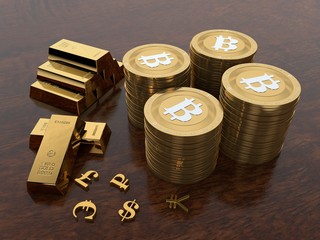 the image of the coins virtual international bitcoin cryptocurrency. Coins bitcoin gold. Next to gold bars and currency symbols of different countries. 3D rendering. The idea of the financial system