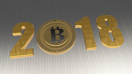 image 2018, cryptocurrency, bitcoin era. The date 2018 zero replaced by bitcoin on the old, rusty metal. The idea of development of crypto-currencies, international money. 3D rendering