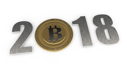 silver image 2018, the year of the cryptocurrency, the bitcoin era. The date 2018 zero replaced by bitcoin. The idea of development of crypto-currencies, international money. 3D rendering