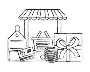 smartphone shopping basket gift price tag bank card coins buy online