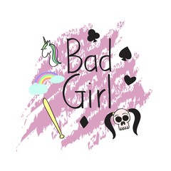 Bad girl t shirt concept art, skull, girl, poker, unicorn and rainbow