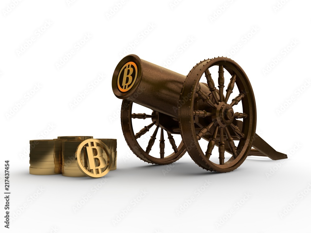 Poster the image of the ancient medieval bronze cannon, and cryptocurrency bitcoin. gun shoots round coins 