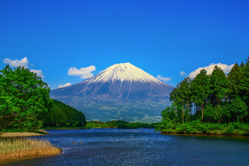 Mount Fuji, Japan - probably the most famous landmark in Japan, Mount Fuji stands 3776 meters high. Here in particular a picture of the volcano in Spring, with snow on the top