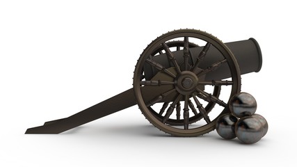 the image of the ancient cast iron cannon on wheels, cannon firing the nuclear cores.The stock...