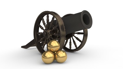 the image of the ancient cast iron cannon on wheels, cannon firing nuclear gold nucleus.Stock of old bronze cores. The idea of wealth, antiquity, the past, obsolete. 3D rendering