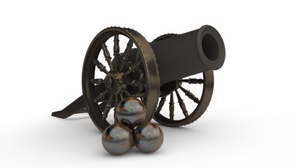 the image of the ancient cast iron cannon on wheels, cannon firing the nuclear cores.The stock rusty cores. The idea of antiquity, the past, obsolete. 3D rendering