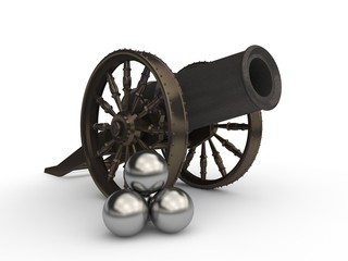 the image of the ancient cast iron cannon on wheels, cannon firing nuclear silver cores.Stock of old bronze cores. The idea of wealth, antiquity, the past, obsolete. 3D rendering