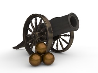 the image of the ancient cast iron cannon on wheels, cannon firing nuclear bronze cores.Stock of...