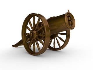 the image of an ancient bronze cannon, artillery, shooting in bitcoins cryptocurrency. The idea, mining, power and superiority of cryptocurrency. 3D rendering on white background